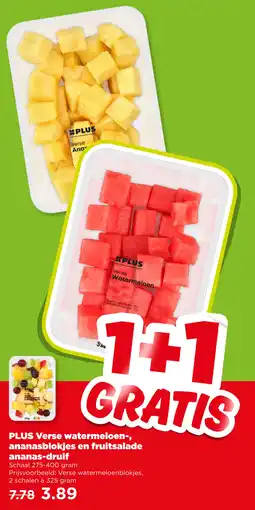 PLUS PLUS Verse watermeloen-, ananasblokjes en fruitsalade ananas-druif aanbieding