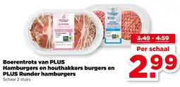 PLUS Boerentrots van PLUS Hamburgers en houthakkers burgers en PLUS Runder hamburgers aanbieding