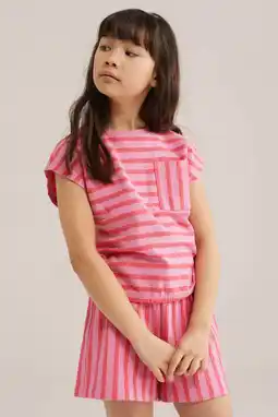 Wehkamp WE Fashion gestreepte T-shirt roze met textuur aanbieding