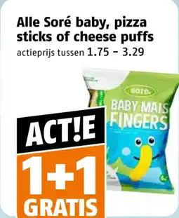 Poiesz Alle Soré baby, pizza sticks of cheese puffs aanbieding