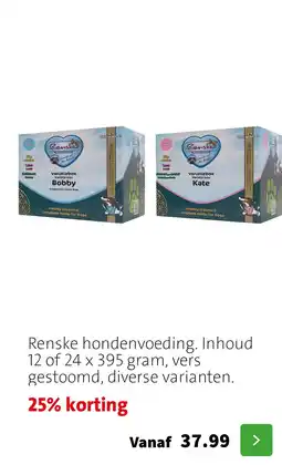 Intratuin Renske hondenvoeding. Inhoud 12 of 24 x 395 gram, vers gestoomd, diverse varianten. aanbieding