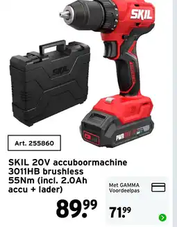 GAMMA SKIL 20V accuboormachine 3011HB brushless 55Nm (incl. 2.0Ahaccu + lader) aanbieding