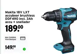 GAMMA Makita 18V LXT accuboor brushless DDF490 incl. 3Ah accu + snellader aanbieding