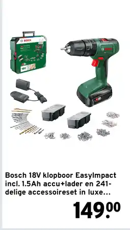 GAMMA Bosch 18V klopboor EasyImpact incl. 1.5Ah accu+lader en 241-delige accessoireset in luxe koffer aanbieding