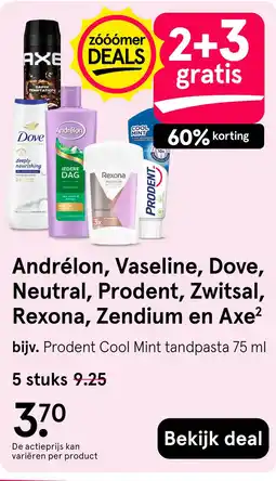 Etos Andrélon, Vaseline, Dove, Neutral, Prodent, Zwitsal, Rexona, Zendium en Axe² aanbieding
