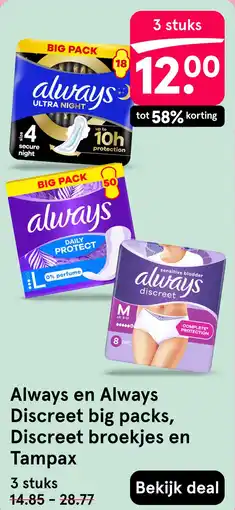 Etos Always en Always Discreet big packs, Discreet broekjes en Tampax aanbieding