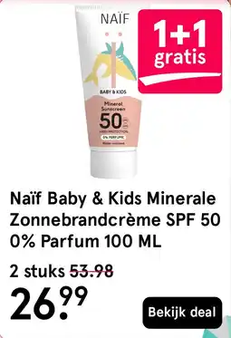 Etos Naïf Baby & Kids Minerale Zonnebrandcrème SPF 50 0% Parfum 100 ML aanbieding