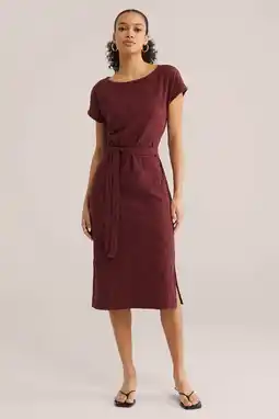 Wehkamp WE Fashion jacquard midi jurk met ceintuur donkerrood aanbieding