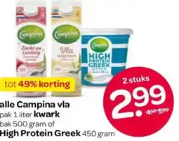 Spar alle Campina vla kwark High Protein Greek aanbieding