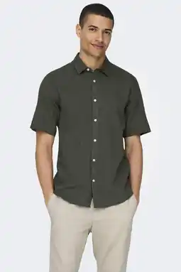 Wehkamp ONLY & SONS slim casual overhemd met linnen donkergroen aanbieding
