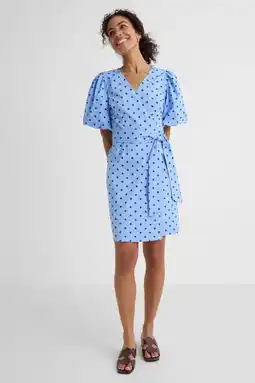 Wehkamp Ruby overslagjurk met pofmouwen blauw/bruin aanbieding