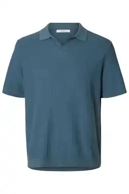 Wehkamp Selected regular polo met linnen gebreid blauw aanbieding
