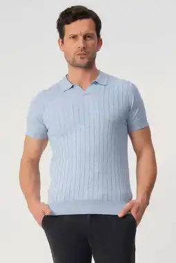 Wehkamp Campbell regular polo met linnen rib gebreid lichtblauw aanbieding