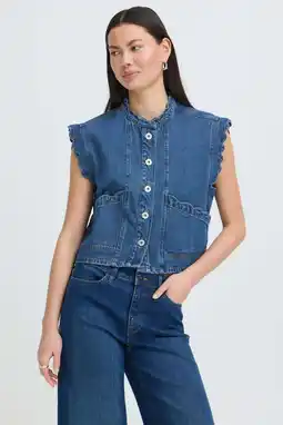 Wehkamp ICHI denim gilet met ruches - mediumblauw aanbieding