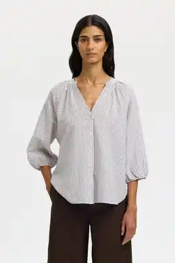 Wehkamp Selected gestreepte blouse met linnen ecru aanbieding