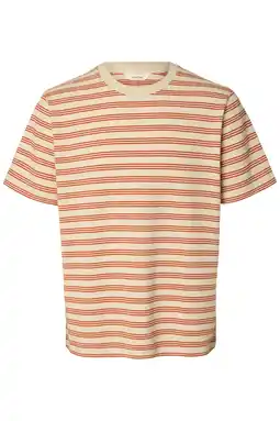 Wehkamp Selected regular gestreept T-shirt seersucker brique aanbieding
