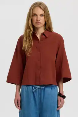 Wehkamp Selected katoenen relaxed fit blouse - roodbruin aanbieding