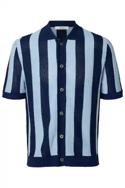 Wehkamp Selected relaxed gestreept casual overhemd gebreid blauw aanbieding