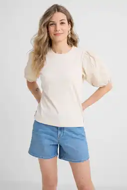 Wehkamp Anytime Jersey top met pofmouwen beige aanbieding