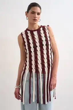 Wehkamp TOPSHOP regular fit gestreepte gebreide top met franjes - donkerrood aanbieding