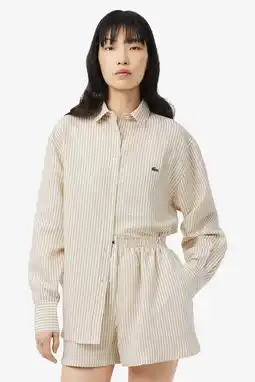 Wehkamp Lacoste gestreepte blouse met linnen camel aanbieding