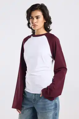 Wehkamp America Today katoenen longsleeve met plooien - donkerrood aanbieding