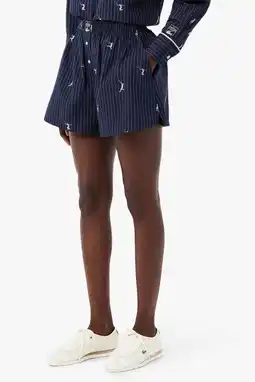 Wehkamp Lacoste baggy regularwaist gestreepte sweatshort donkerblauw aanbieding