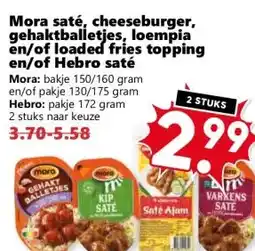 Coop Mora saté, cheeseburger, gehaktballetjes, loempia en/of loaded fries topping en/of hebro saté aanbieding