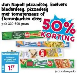 Boon`s Markt Jan Napoli pizzadeeg. koelvers bladerdeeg. pizzadeeg met tomatensaus of flammkuchen deeg aanbieding