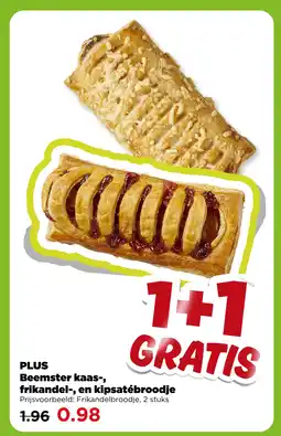 PLUS PLUS Beemster kaas-, frikandel-, en kipsatébroodje aanbieding