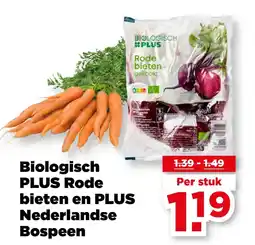 PLUS Biologisch PLUS Rode bieten en PLUS Nederlandse Bospeen aanbieding