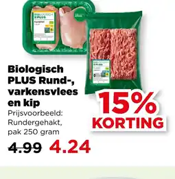 PLUS Biologisch PLUS Rund-, varkensvlees en kip aanbieding