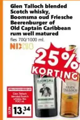 Coop Glen talloch blended scotch whisky, boomsma oud friesche beerenburger of old captain caribbean rum well matured aanbieding