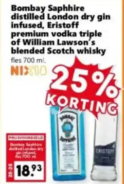 Coop Bombay saphhire distilled london dry gin infused, eristoff premium vodka triple of william lawson's blended scotch whisky aanbieding