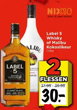 Vomar Voordeelmarkt Label 5 Whisky of Malibu Kokoslikeur aanbieding