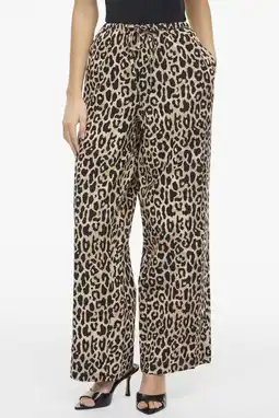 Wehkamp VILA wide leg panterprint broek met linnen lichtbruin aanbieding