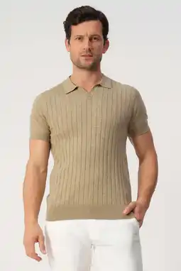 Wehkamp Campbell regular polo met linnen rib gebreid lichtbruin aanbieding