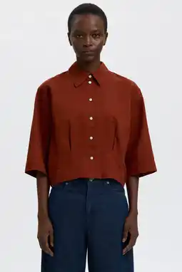 Wehkamp Selected blouse met linnen donkerrood aanbieding