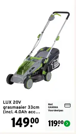 GAMMA LUX 20V grasmaaier 33cm (incl. 4.0Ah accu + lader) aanbieding