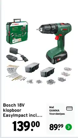 GAMMA Bosch 18V klopboor EasyImpact incl. 1.5Ah accu+lader en 241-delige accessoireset in luxe koffer aanbieding
