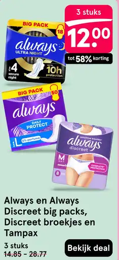 Etos Always en Always Discreet big packs, Discreet broekjes en Tampax aanbieding