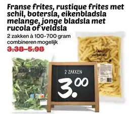 De Boerenschuur Franse frites, rustique frites met schil, botersla, eikenbladsla melange, jonge bladsla met rucola of veldsla aanbieding