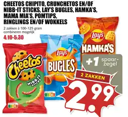 De Boerenschuur Cheetos chipito, crunchetos en/of nibb it sticks, lay's bugles, hamka's, mama mia's, pomtips, ringlings en/of wokkels aanbieding