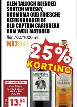 De Boerenschuur Glen talloch blended scotch whisky, boomsma oud old captain caribbean rum well matured aanbieding