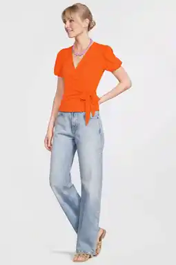Wehkamp Anytime crinkle overslagtop met pofmouwen oranje aanbieding