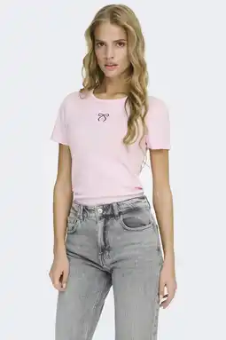 Wehkamp ONLY T-shirt met borduursels - lichtroze aanbieding