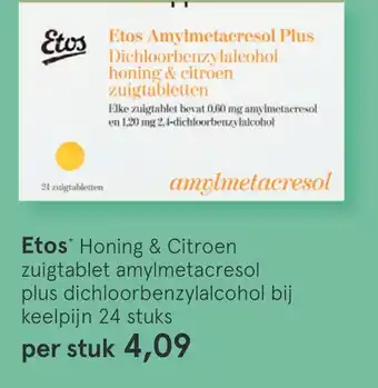 Etos Etos Honing & Citroen zuigtablet amylmetacresol plus dichloorbenzylalcohol bij keelpijn 24 stuks aanbieding