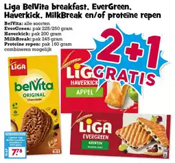 Boon`s Markt Liga BelVita breakfast, EverGreen, Haverk kick, MilkBreak en/of proteïne repen aanbieding