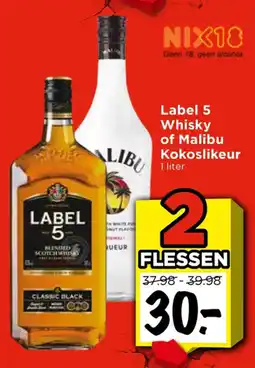 Vomar Voordeelmarkt Label 5 Whisky of Malibu Kokoslikeur aanbieding