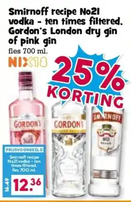 Boon`s Markt Smirnoff recipe No21 vodka Gordon's London dry gin aanbieding
